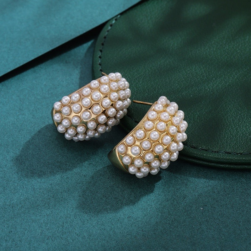 Gold Hoops with Gathered Pearls