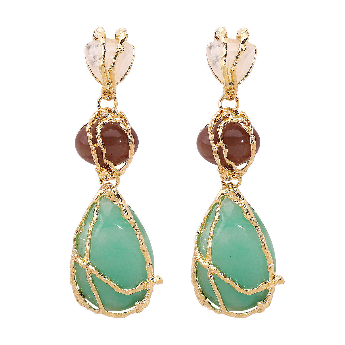 Gold Earring With Tear-Drop Shaped Gemstone