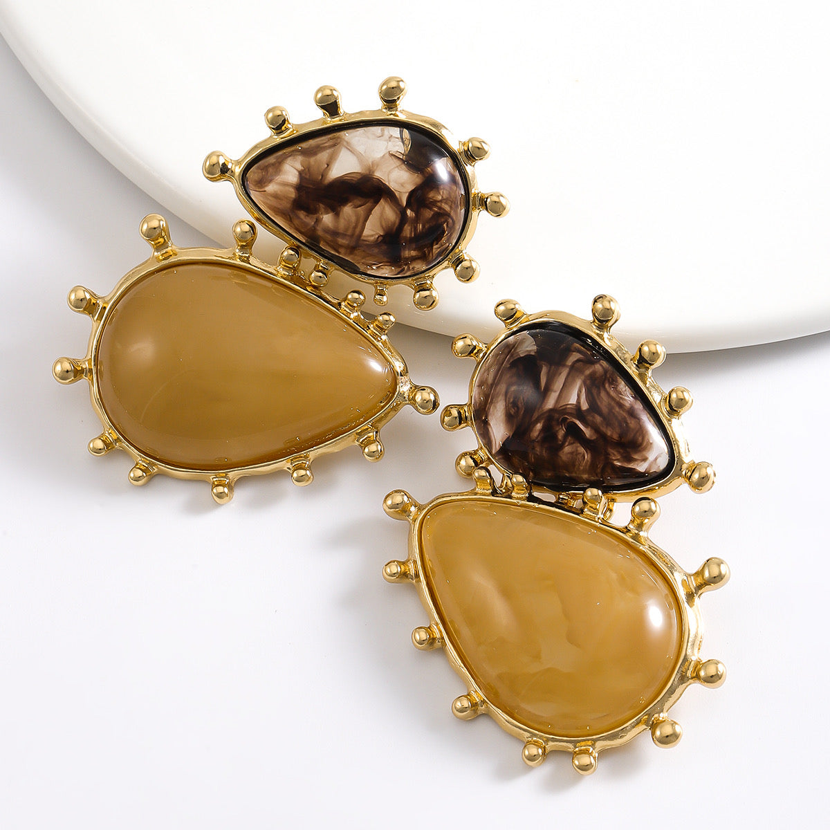 Asymmetric Resin Drop Earring- Brown/Gold