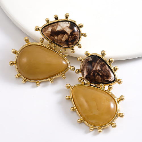 Asymmetric Resin Drop Earring- Brown/Gold