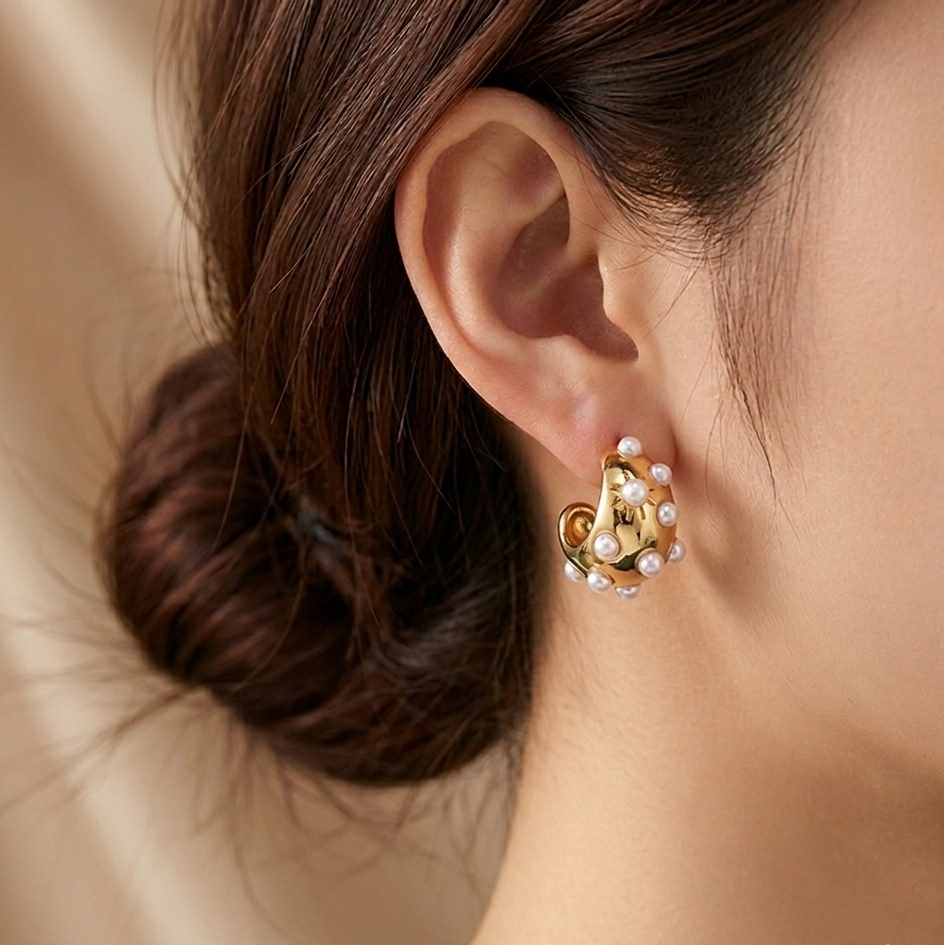 Water Droplet Gold Hoops with Pearl Detailing
