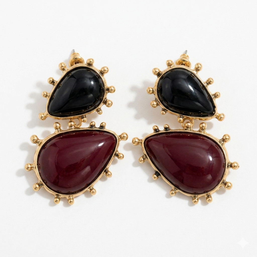 Asymmetric Resin Drop Earring- Maroon/Black