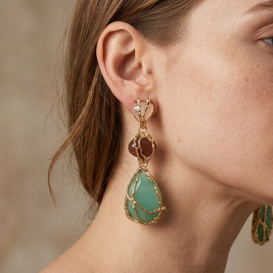 Gold Earring With Tear-Drop Shaped Gemstone
