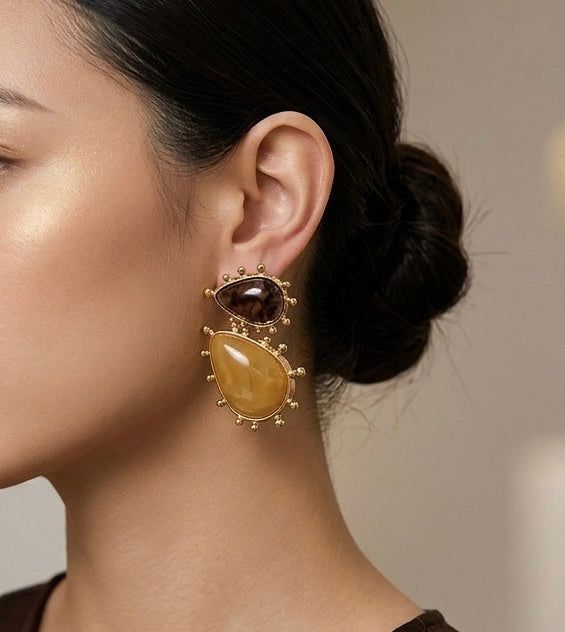 Asymmetric Resin Drop Earring- Brown/Gold