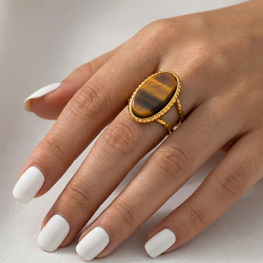 Gold-Plated Tiger Eyed Oval Ring