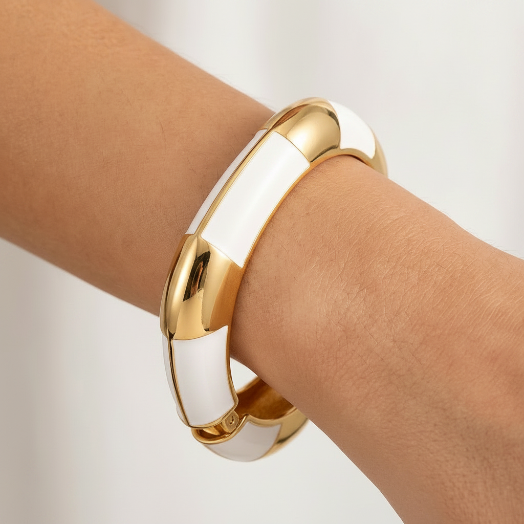 Square Shaped Gold Enamel Alloy Bangle- White