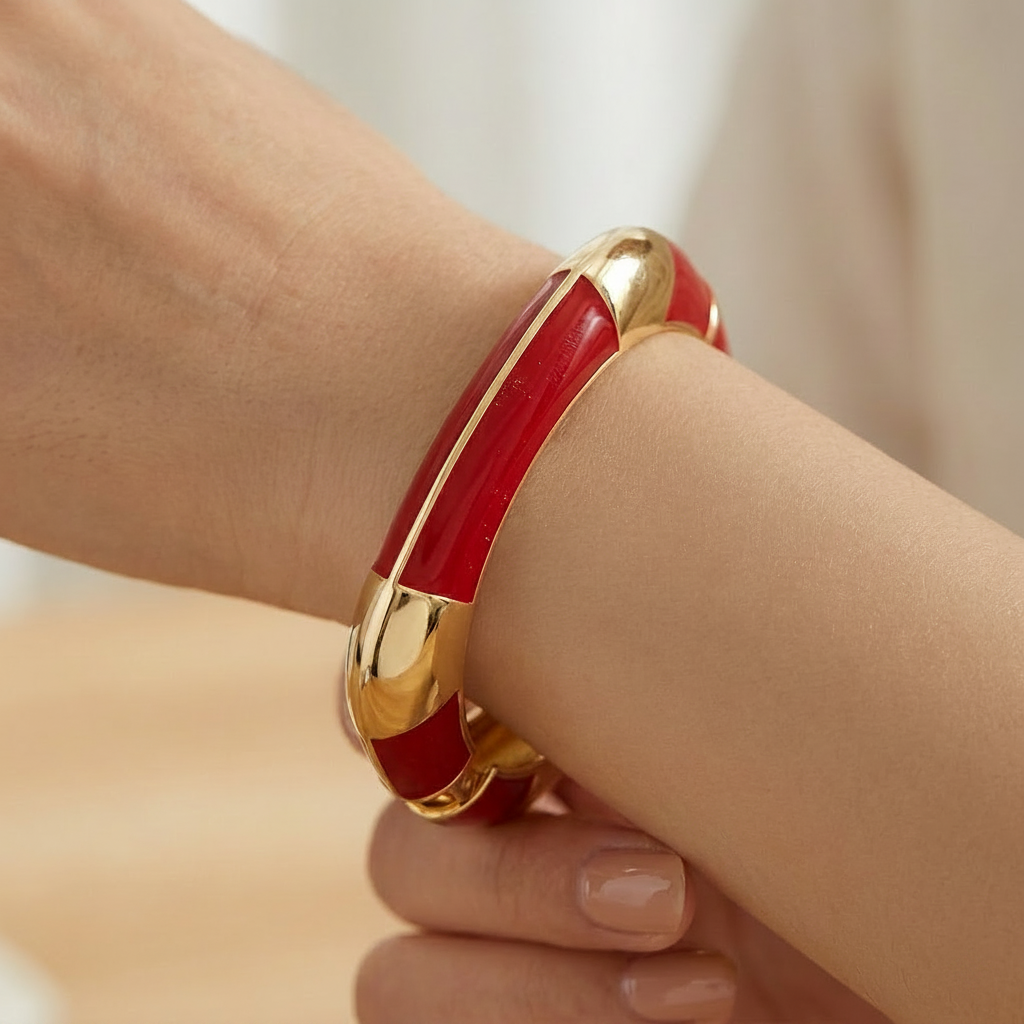 Square Shaped Gold Enamel Alloy Bangle- Red