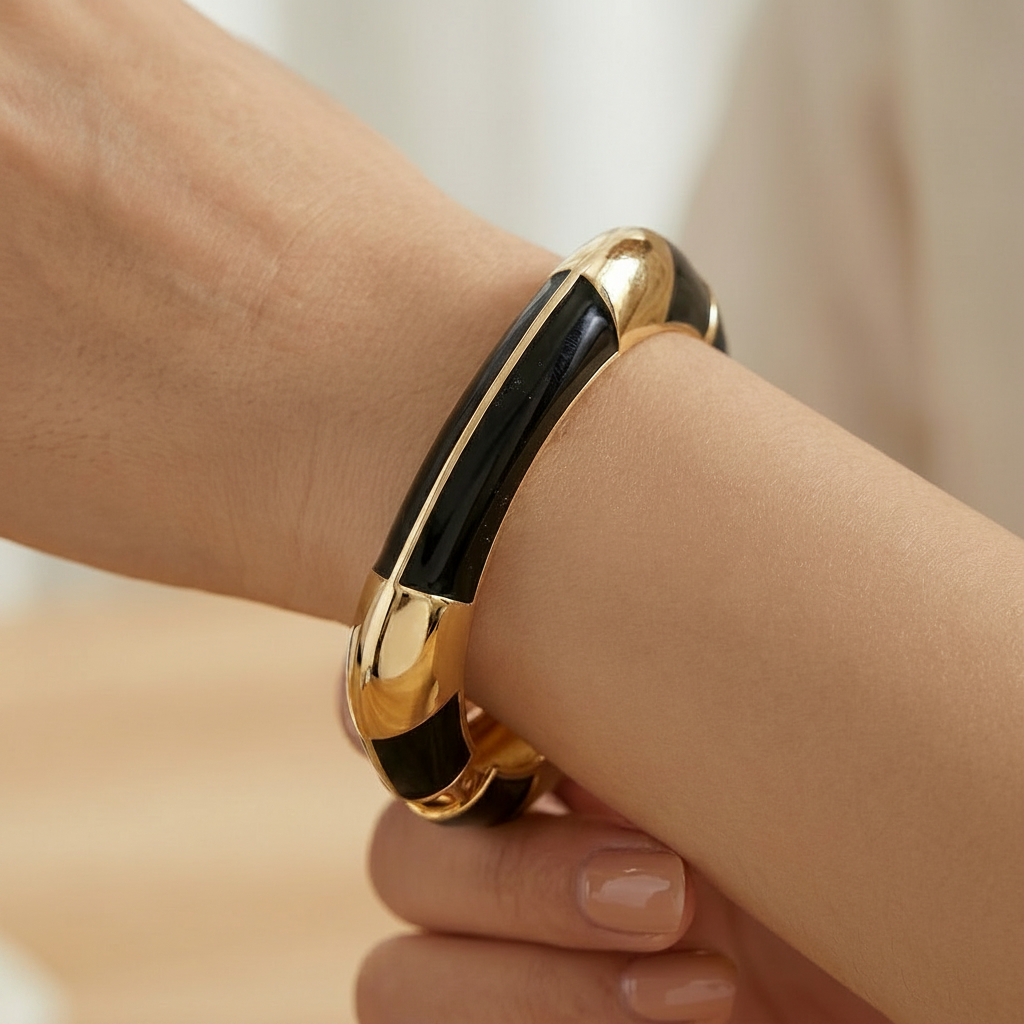 Square Shaped Gold Enamel Alloy Bangle- Black