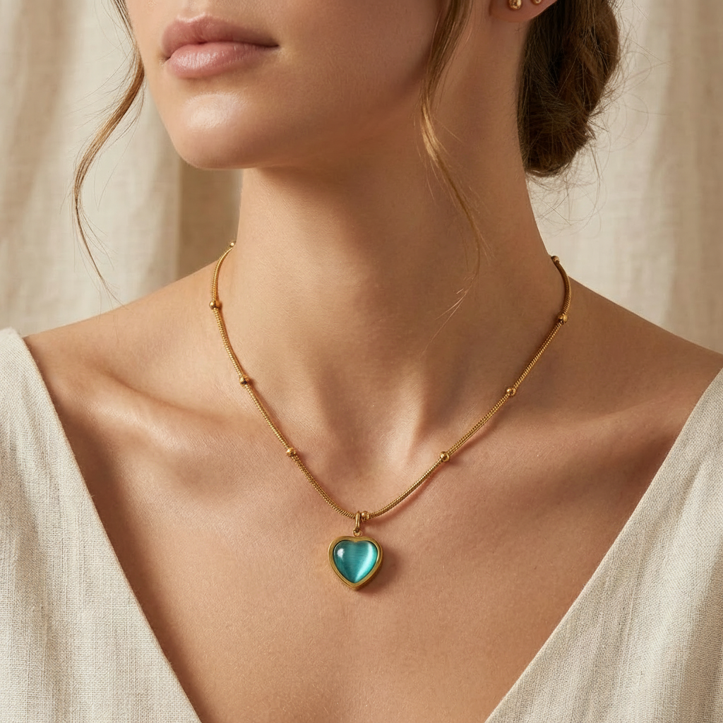 Cat Eye Pendant Necklace- Heart