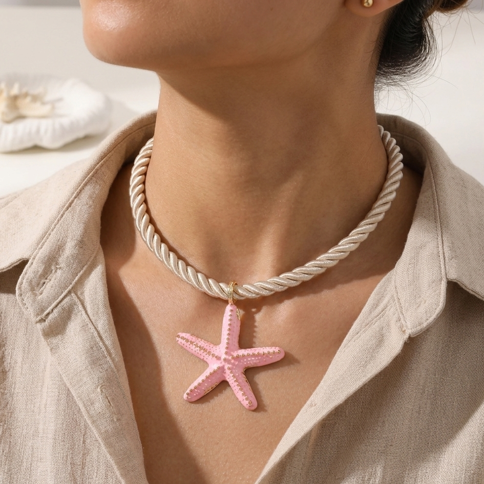 Starfish Twisted Rope Necklace- Pink