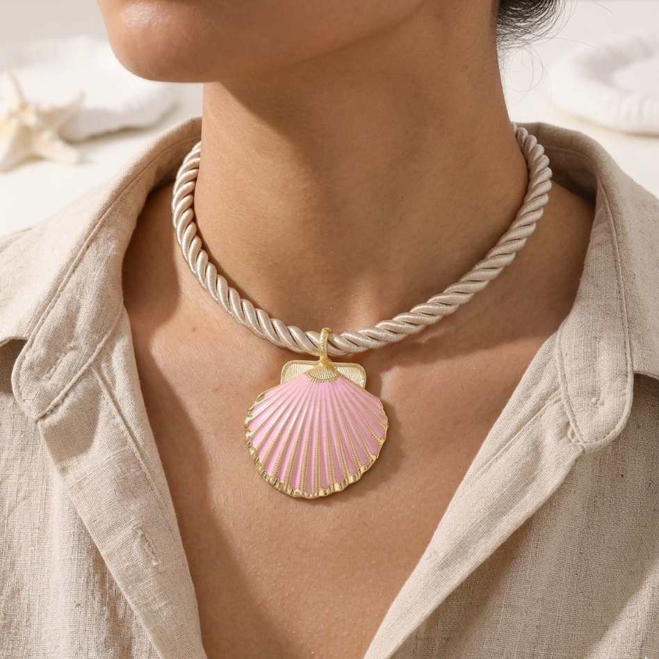 Shell Twisted Rope Necklace- Pink