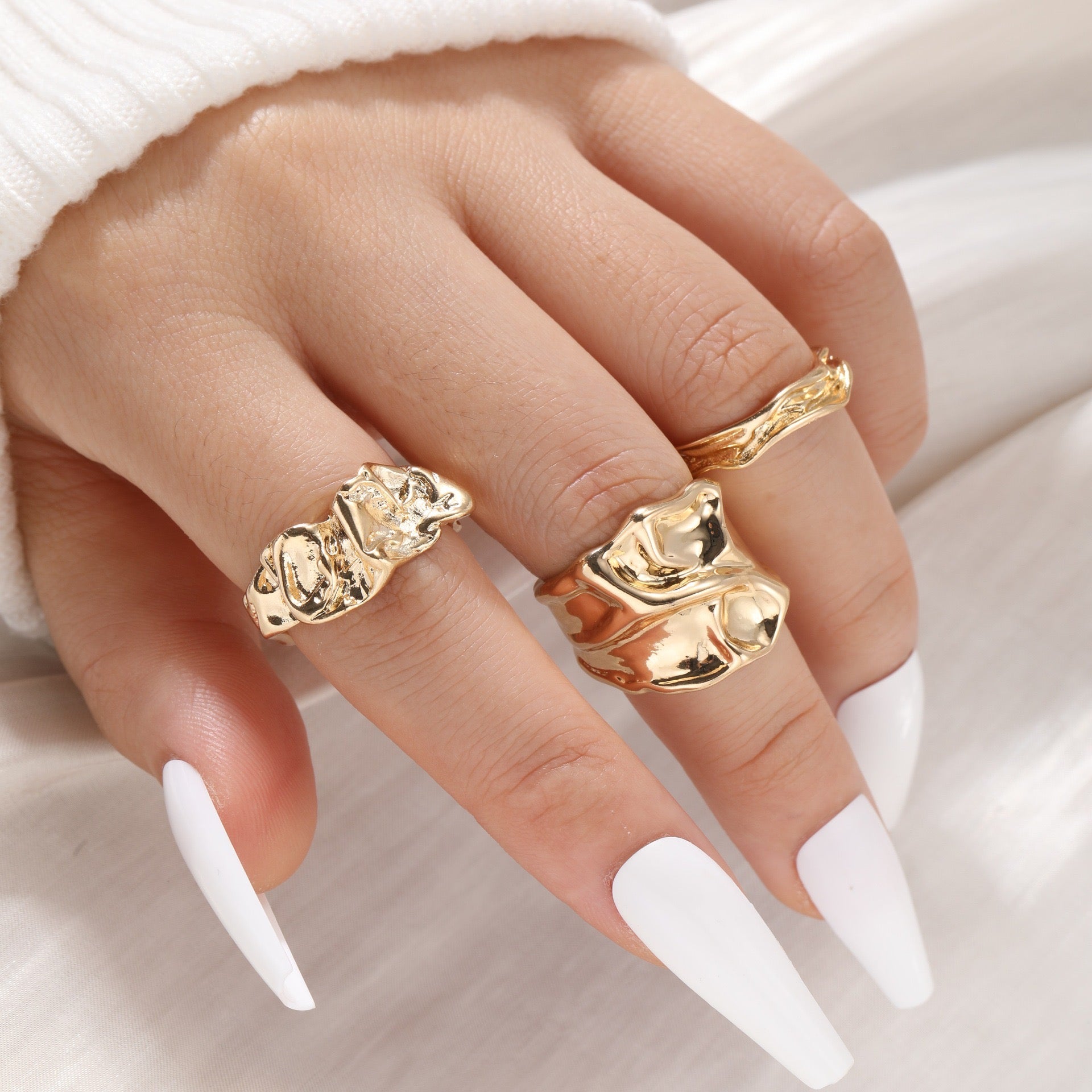 Hammered Gold Finger Ring- Set Of Three