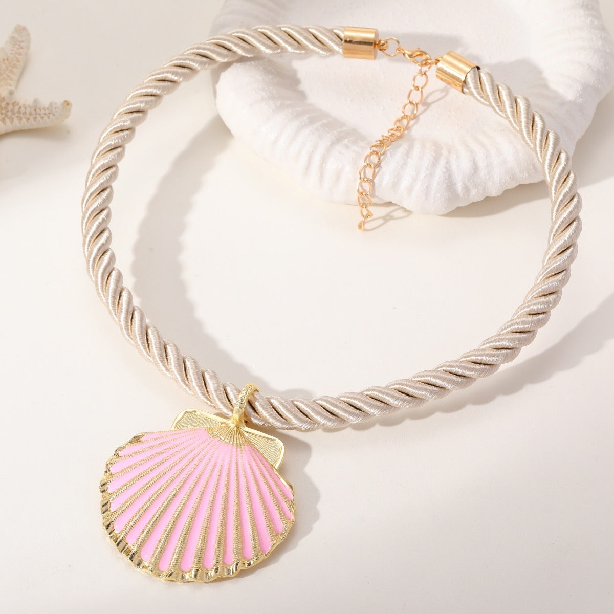Shell Twisted Rope Necklace- Pink