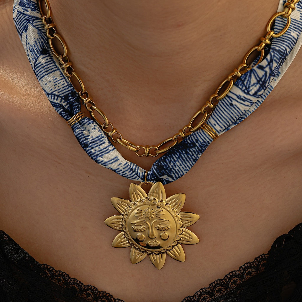 Silk Scarf Necklace Flower Pendant- Blue