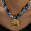 Silk Scarf Necklace Flower Pendant- Blue