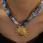 Silk Scarf Necklace Flower Pendant- Blue