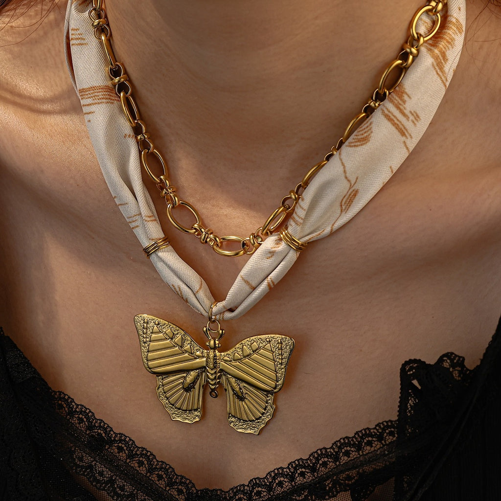 Silk Scarf Necklace Butterfly Pendant- Orange