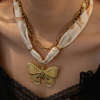 Silk Scarf Necklace Butterfly Pendant- Orange