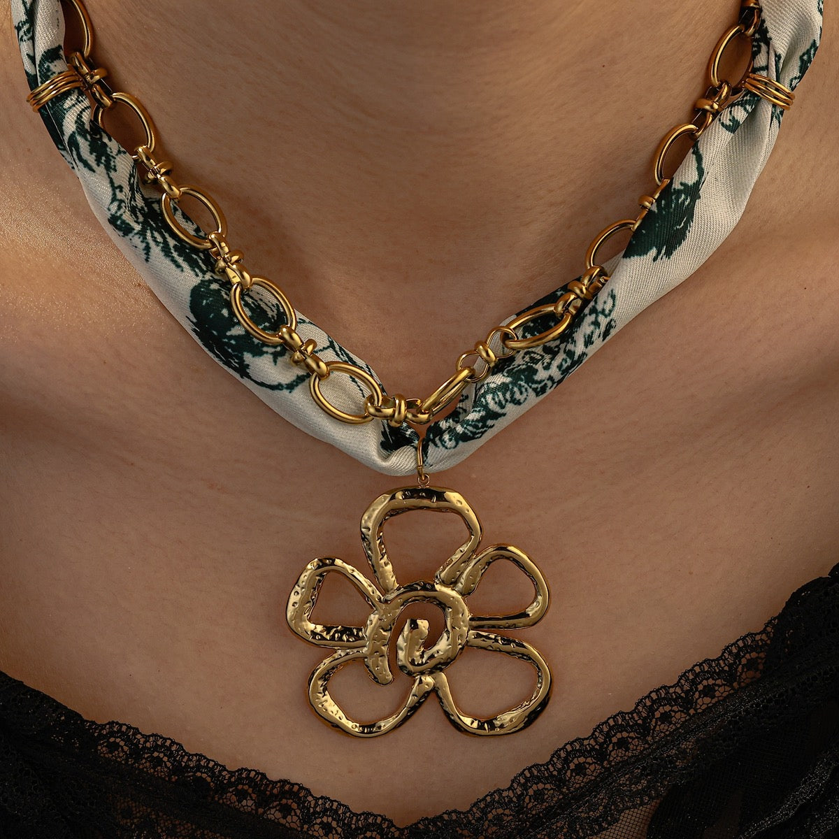 Silk Scarf Necklace Flower Pendant- Green