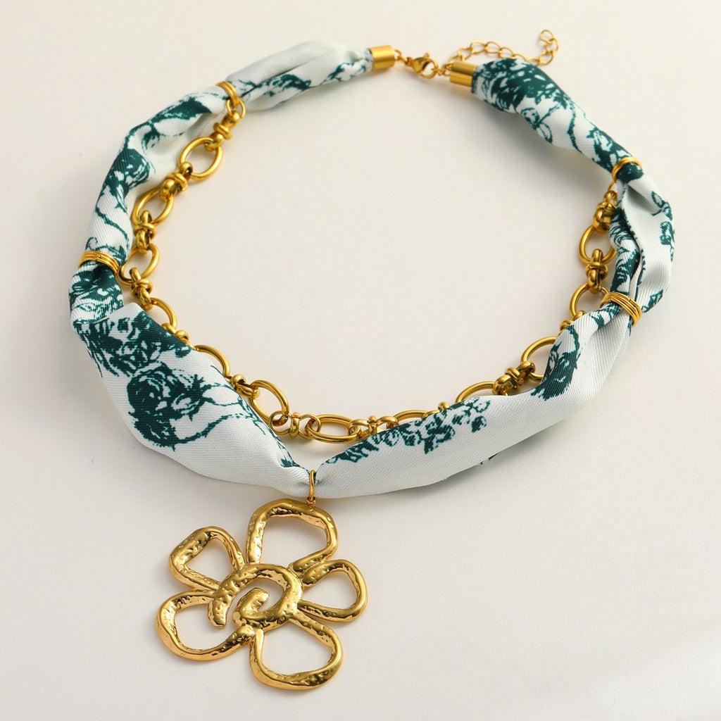 Silk Scarf Necklace Flower Pendant- Green