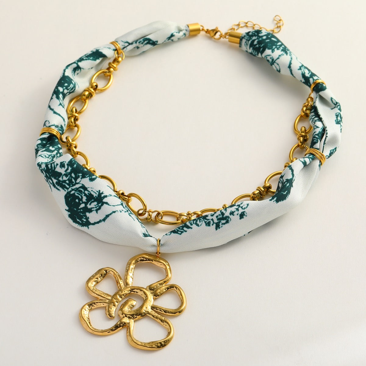 Silk Scarf Necklace Flower Pendant- Green