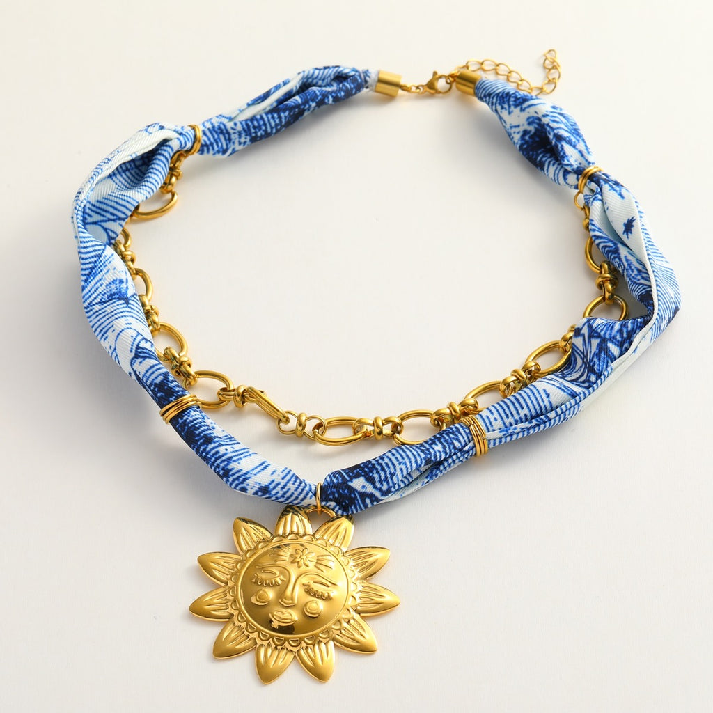 Silk Scarf Necklace Flower Pendant- Blue