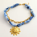 Silk Scarf Necklace Flower Pendant- Blue