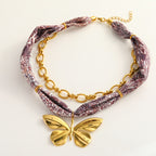 Silk Scarf Necklace Butterfly Pendant- Burgundy