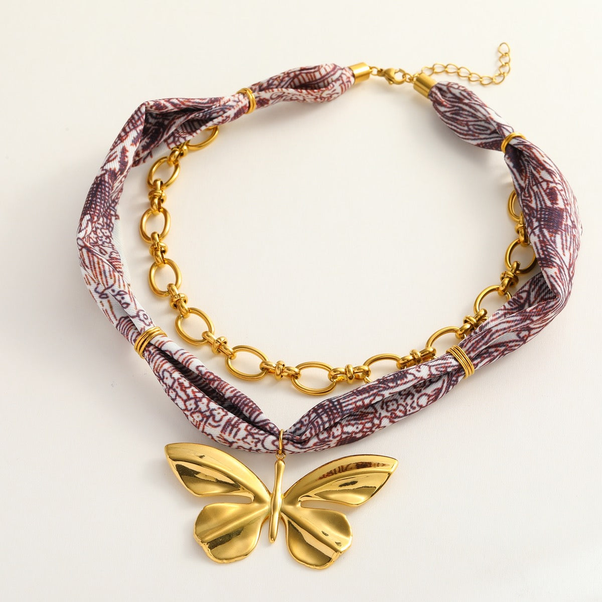 Silk Scarf Necklace Butterfly Pendant- Burgundy