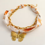 Silk Scarf Necklace Butterfly Pendant- Orange