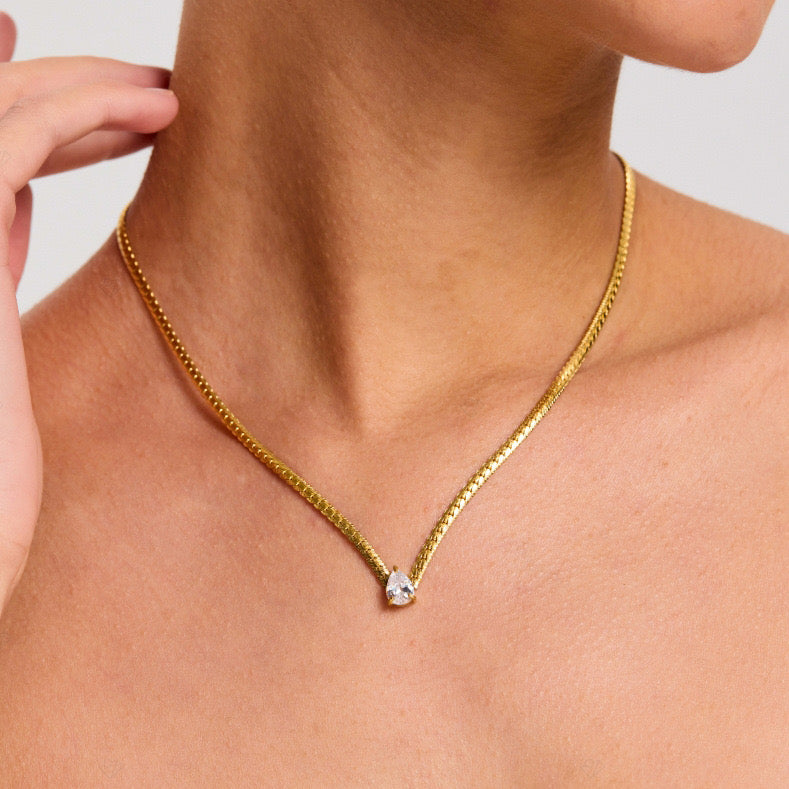 Waterdrop- Shaped Zircon Flat Snake Chain Necklace