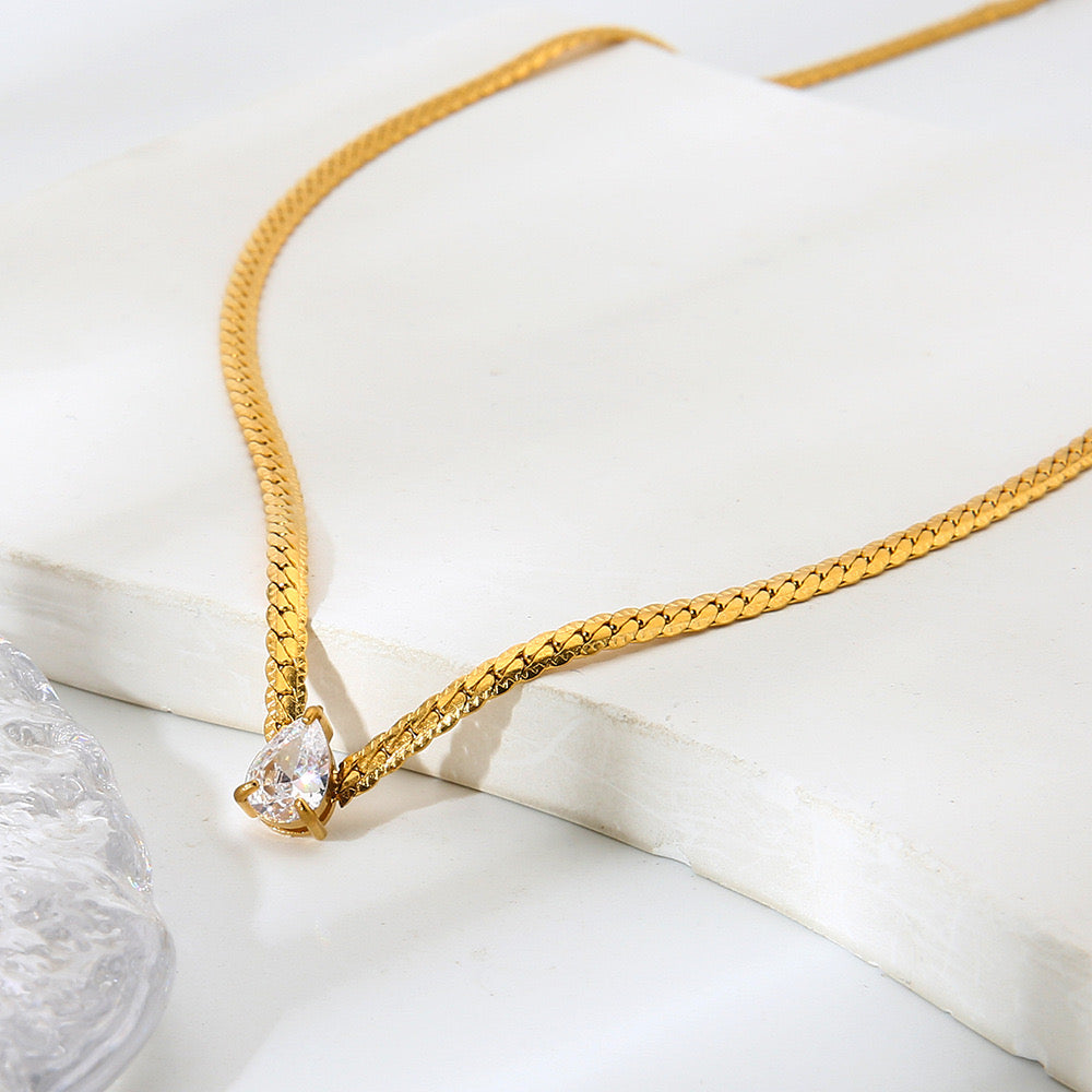 Waterdrop- Shaped Zircon Flat Snake Chain Necklace
