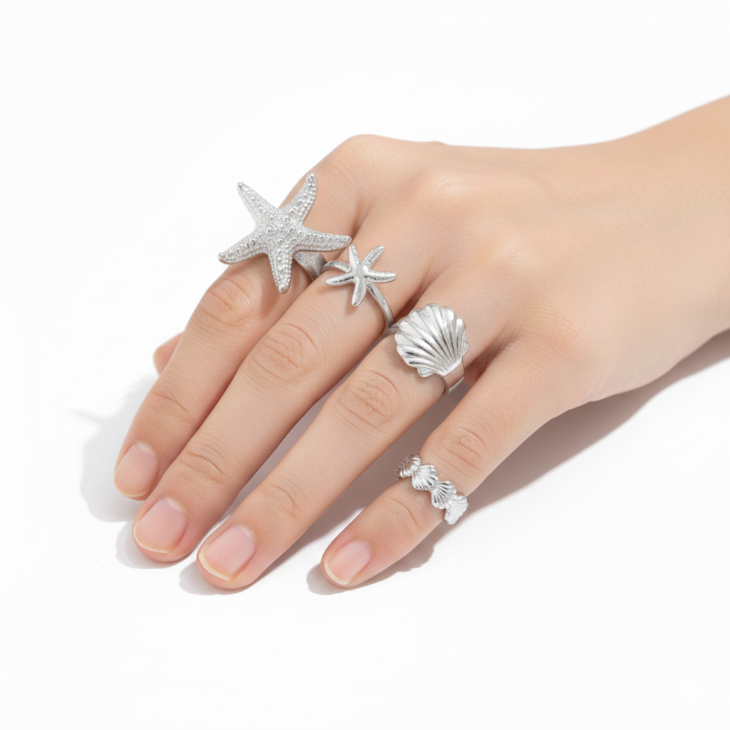 Marine Style Silver Finger Rings- Set of Four