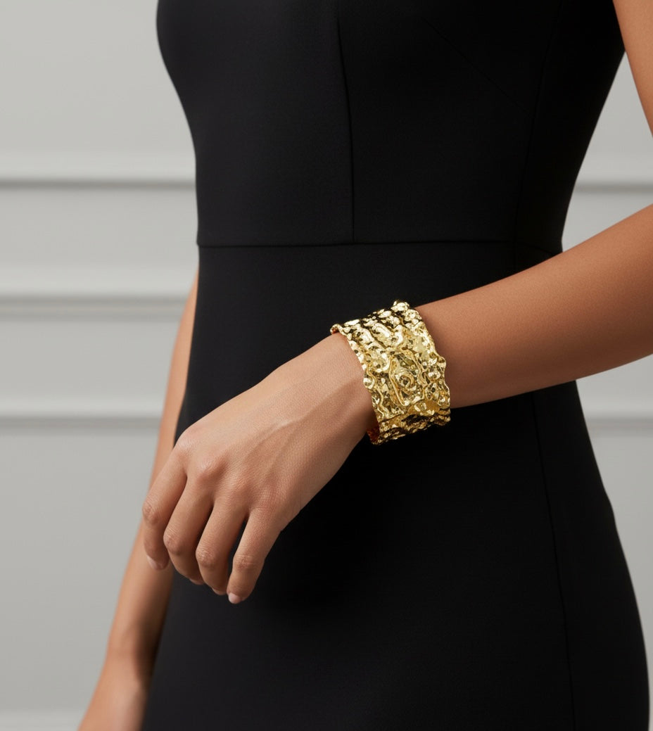 Hammered Effect Cuff Bangle- Gold