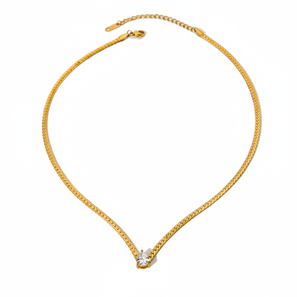 Waterdrop- Shaped Zircon Flat Snake Chain Necklace